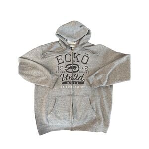 Y2K men Ecko Unltd Rhino Brand Zip Hoodie Gray Size L Streetwear Logo Sweatshirt